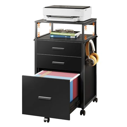 DEVAISE 3 Drawer Vertical File Cabinet | Rolling Wooden Filing Cabinet Mobile Printer Stand for Home Office, 15.7" D x 17.7" W x 40.3" H - color: Black, size: 15.7"D X 17.7"W X 40.3"H (Adjustable)