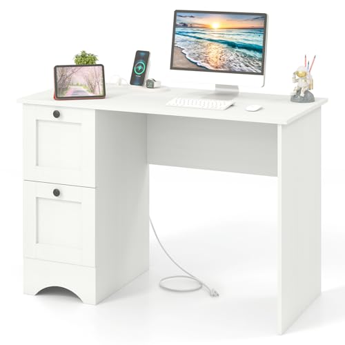 Giantex Computer Desk with 2 Drawers, 43” Wooden Home Office Desk with Charging Station, Compact Study Writing Desk, Modern Laptop PC Desk Computer Workstation for Bedroom, Living Room (White) - color: White