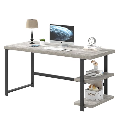 Computer Desk, Modern Home Office Desk with Shelves, Wood Writing Study Gaming Table for Living Room Bedroom, Light Grey, 53 inch - color: Light Grey, size: 53 inch