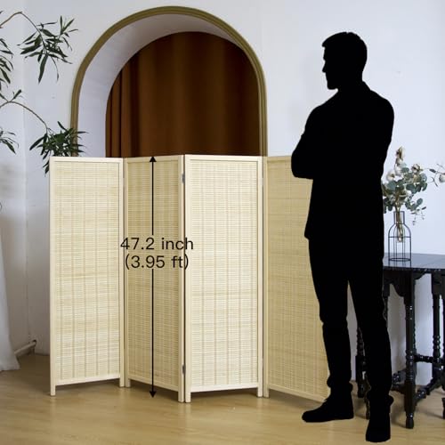 4 Panel Short Panel Divider Screen,3.95 FT Tall Bamboo Room Divider Folding Privacy Screen,Short Panel Divider Freestanding Room Divider for Room Seperation,Beige - color: Beige, size: 4 Panel