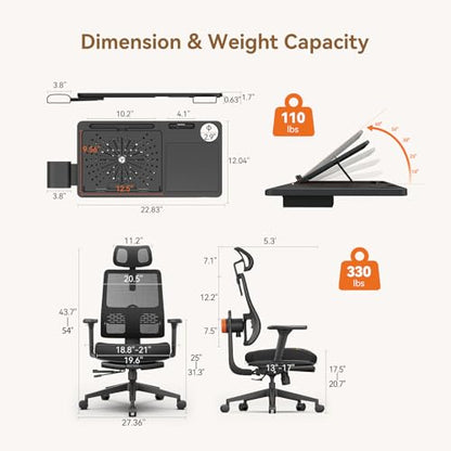 Office Chair Ergonomic with Footrest, Auto-Following Lumbar Support, High Back Desk Chair with 4D Armrest,136° Tilt Lock, Adjustable Seat Depth & Height - color: Black, size: 2D Headrest+Laptop Tray