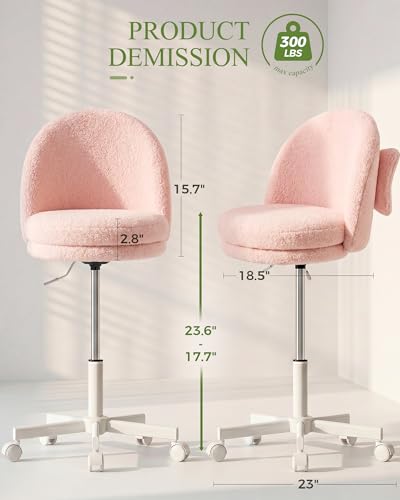 GTPOFFICE Vanity Chair with Back, Adjustable Tall Office Chair High Swivel Bar Stools Fluffy Cute Desk Chair Comfy with Wheels Bow Pillow Armlees for Adults Standing Desk Bar, Teddy Velvet, Pink - color: Tv-pink