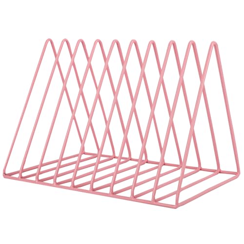 Vinyl Record Holder Storage, 9 Slot Metal Magazine Book Album Display Rack, Stylish Triangle Desktop File Sorter Organizer for Home Office, Pink - color: Pink