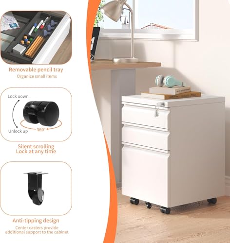 Guizeeopo 3 Drawer File Cabinet with Lock, File Cabinets for Home Office,Under Desk Cabinet, Locking File Cabinet for A4/Letter/Legal, Fully Assembled Expect Casters, Matte White - color: 01-a White