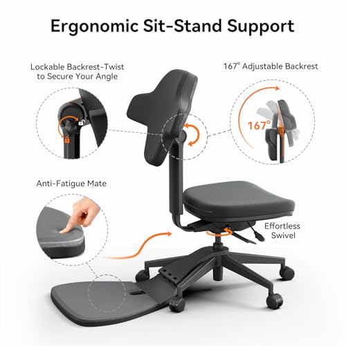 Standing Desk Chair, 6-in-1 Ergonomic Standing Mate Chair, Adjustable Sit Stand Lean Perch Saddle Stool with Flip Backrest, Dynamic Posture Support & Built-in Anti-Fatigue Design, MT-M-DG - size: S Size (for 5'0" - 5'8")