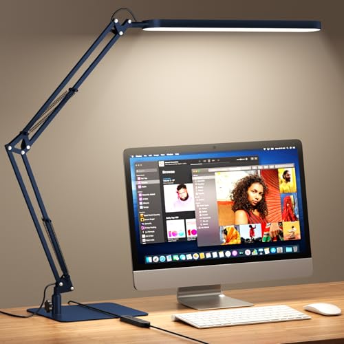 SKYLEO LED Desk Lamp with Slim Base - Adjustable Swing Arm Desk Light, Dimmable, Timer, Eye Protection, Memory Function, 1300LM, 12W, Blue - style: Blue swing arm with Base