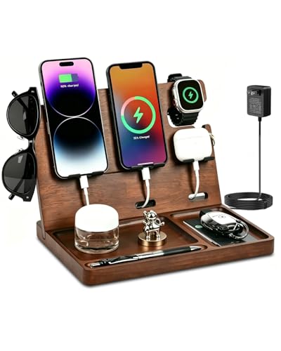 Wood Phone Docking Station with 4 USB Outputs Nightstand Organizer for Men - color: Walnut color