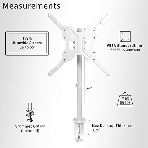 VIVO Ultra Wide TV Desk Mount for up to 55 inch Screens Weighing 66 lbs, Full Motion Height Adjustable Single Television Stand, White, STAND-V155CW - color: White, size: up to 55" screens