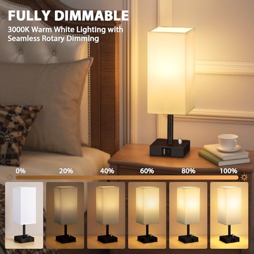 White Bedside Table Lamps Set of 2 - Dimmable, USB C+A, 2 AC Outlets | Stepless Dimmable by Rotary Knob, 3000K LED Bulbs Included, Square White Linen Shade, Nightstand Lamp for Living Room, Desk - color: White