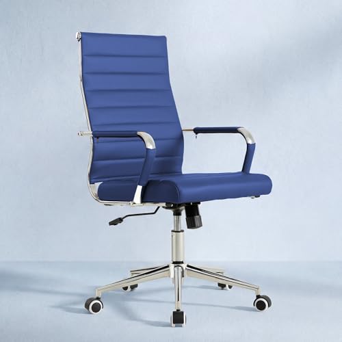 Okeysen Navy Blue Office Desk Chair, Ergonomic Leather Modern Conference Room Chairs, Executive Ribbed Height Adjustable Swivel Rolling Chair for Home Office. - color: Blue