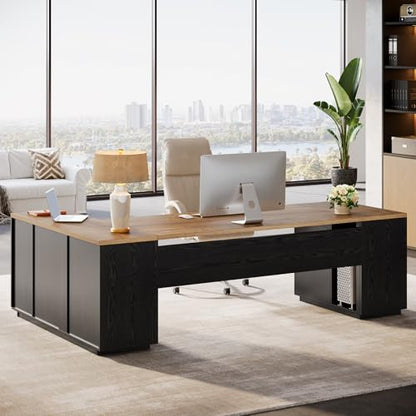 Tribesigns 85.8-Inch L-Shaped Executive Desk, Natural & Black - color: Natural & Black