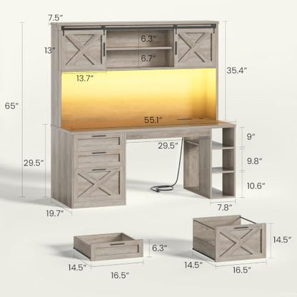 SEDETA 55.1" Farmhouse Desk with Hutch & 3 Storage Drawers - color: Grey, size: Desk with Hutch (55")