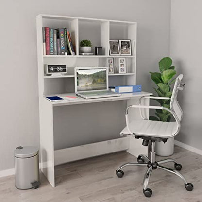 Desk with Shelves for Small Space, 43.3 x 17.7 x 61.8 Inch Engineered Wood Desk with Split Levels for Folders, Documents, and PC Equipment - color: High Gloss White