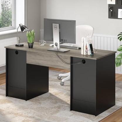 Bestier 59 Inch Office Desk with 4 Drawers, Computer Desk with Storage, Executive Desk with File Drawer, Keyboard Tray & 2 Pedestals on Both Sides for Home Office, Studio, Grey&Black - color: Grey&black
