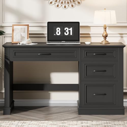 Vabches Farmhouse 47" Workstation Computer Desk with Drawers, Pure Black | Executive Desk with File Drawer and Charging Station for Home Office,Study. - color: Pure Black
