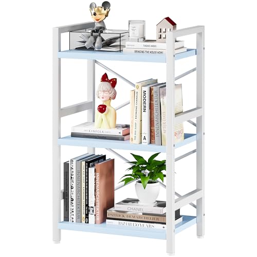 Homeiju Bookshelf, 3 Tier Industrial Bookcase, Metal Small Bookcase, Rustic Etagere Book Shelf Storage Organizer for Living Room, Bedroom, and Home Office(Blue) Patent Pending D29873033 - color: Blue, size: 3 Tier