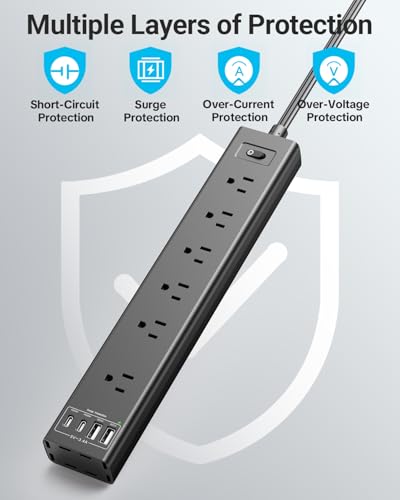360° Mountable Surge Protector Power Strip with 4 USB Ports (2 USB C), 6 FT Electrical Outlet & Flat Plug Extension Cord for Under Desk, Wall, or Corner Mount - style: Desk Socket - Black