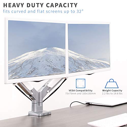 VIVO Space Saving Dual 17 to 32 inch Pneumatic Spring Arms, Aluminum Clamp-on Desk Mount Stand, Fits 2 Monitor Screens with Max VESA 100x100, Silver, STAND-V200A