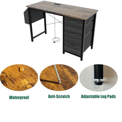 47.3" Office Desk with Power Outlet & 3 Drawers - Sturdy Reversible Frame, Side Pocket, Easy Assembly - Home/Office Computer Desk, Gaming Table, Vanity Table (Rustic Brown + MDF+Metal + Modern) - color: Rustic Brown + Mdf+metal + Modern