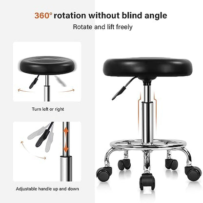 KKTONER PU Leather Modern Round Rolling Stool with Footrest Height Adjustable Spa Drafting Salon Tattoo Work Massage Stools Task Chair Small (Black) - color: Black