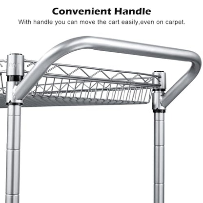 WDT Heavy Duty 3 Tier Utility Cart,Wire Rolling Carts with Wheels, Commercial Grade Service Cart with Shelving Liners and Handle Bar Metal Carts for Kitchen Office Hardware - color: 750lbs Capacity Silver