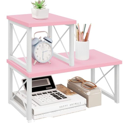 ELITEROO Desktop Shelf, 2 Tier Independent Stackable Desk Stand, Adjustable Freestanding Table Top Mini Bookshelf, Aesthetic Storage Organizers for Women/Girls/Daughter, Pink - color: Pink