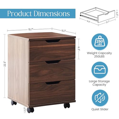 Farini 3-Drawer Under Desk Wooden File Storage Cabinet with Lockable Caster for Home Office,Brown,Fully Assembly - color: Brown, style: Fully Assembly