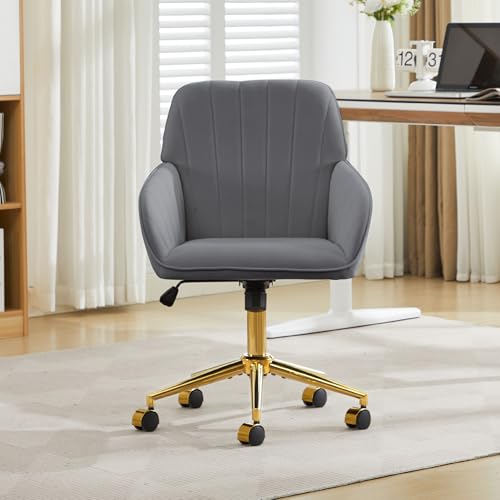 YITAI Velvet Office Desk Chair with Wheels and Gold Base,Modern Height Adjustable 360 Degree Swivel Upholstered Vanity Chairs with Arms for Living Room Bedroom, Study,Gray - color: Gold Gray