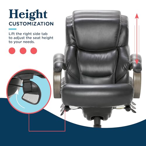 La-Z-Boy Delano Big and Tall Executive Office Chair - Ergonomic Lumbar Support Memory Foam - Bonded Leather Desk Chair for Home Office - Weathered Grey Wood Arms - Black - color: Black With Weathered Gray Wood