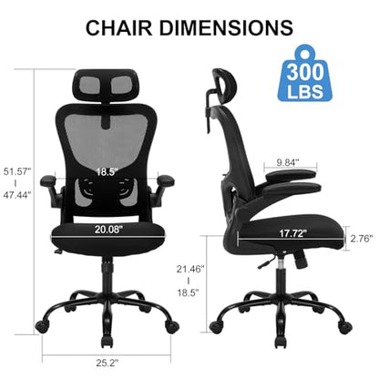 Office Chair Ergonomic Desk Chair High Back Mesh Computer Chair with Adjustable Lumbar Support & Headrest, Flip-Up Armrests, 300lbs Capacity 360 Swivel Chair for Home Office, Black