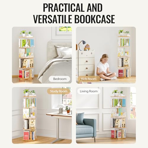 TAKEKIT Rotating Bookshelf, 360 Degree Revolving Bookcase, 4-Tier Spinning Bookshelf, Clear Acrylic & Solid Wood Rotating Bookcase for Kid’s Playroom, Bedroom and Living Room, Square - color: Natural Square, size: 4-Tier