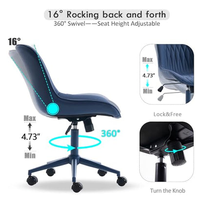 YOUNIKE Faux Leather Office Chair Ergonomic Desk Chair Armless Navy Blue | Ergonomic Upholstered Rocking Back, Swivel with Wheels, Height Adjustable, Modern Task Chair For Computer Sewing Drafting - color: Navy Blue