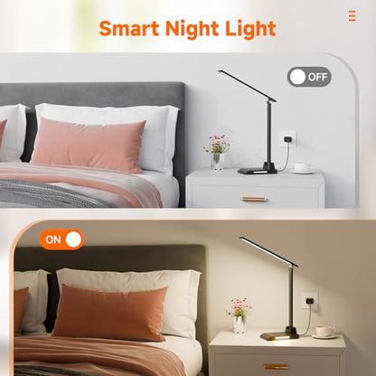 ShineTech LED Desk Lamp for Home Office, Foldable Reading Lamp with Adapter | Foldable, 25 Lighting Modes and Dimmable, Touch Control, Eye-Caring LED Light for Bedroom Nighstand with Small Night Light - color: Black