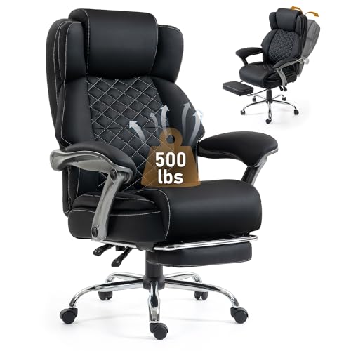 500 lbs Office Chair with Foot Rest, Reclining Executive Chair Black | Big & Tall Computer Desk Chair, PU Ergonomic Lumbar Support, Thicker Pocket Spring Cushion, High Back - color: Black