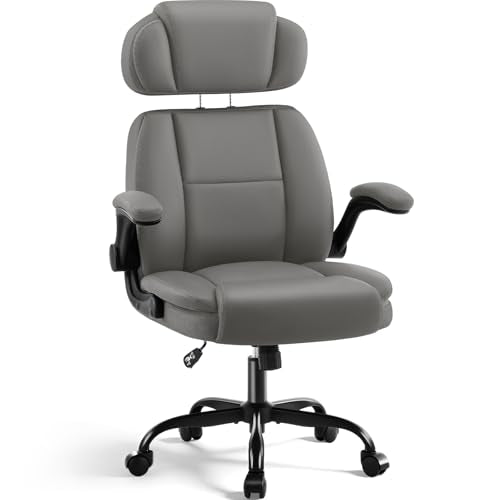 Ergonomic Office Chair with Lumbar Support, 400lbs Heavy Duty Big and Tall Executive Desk Chair, PU Leather High Back Computer Chair with Flip-Up Arms & Adjustable Headrest, Gray - color: Grey, size: Adjustable Headrest Office Chair