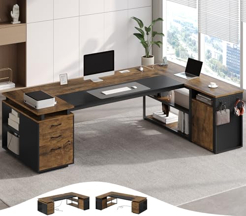 78" Executive Desk with Lockable File Cabinet, L Shaped Office Desk with Power Outlets, Large Executive Desk with Drawers and Storage Shelves, Reversible Computer Desk, Rustic Brown - color: Rustic Brown