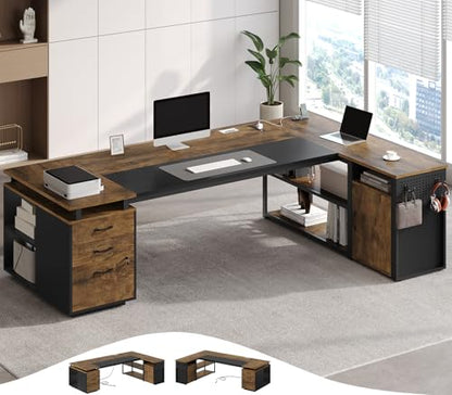 78" Executive Desk with Lockable File Cabinet, L Shaped Office Desk with Power Outlets, Large Executive Desk with Drawers and Storage Shelves, Reversible Computer Desk, Rustic Brown - color: Rustic Brown