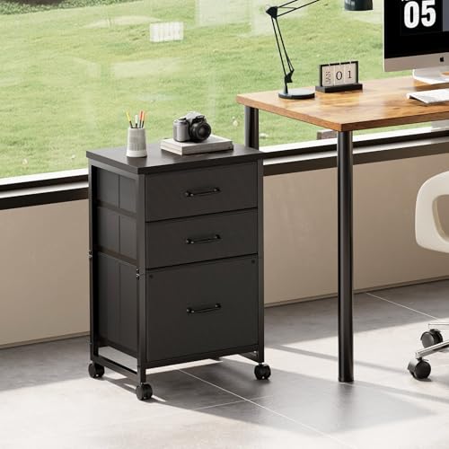 Maihail 3 Drawer File Cabinet with Wheels with Open Storage Shelf, Black | Rolling Printer Stand Fabric Lateral Filing Cabinet for Home Office - color: Black