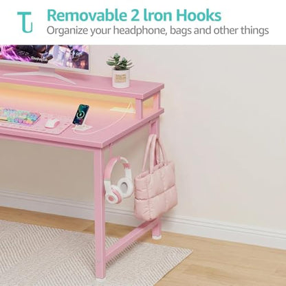 Lufeiya Girls Desk with Power Outlets and LED Lights, 40 Inch Gaming Desk Table with Charging Station, Home Office Computer Desks with Monitor, Pink - color: Pink, size: 39.4"