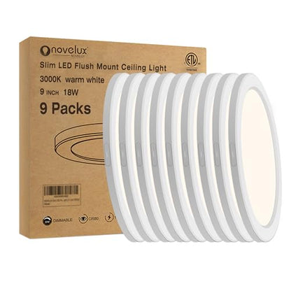 Flush Mount Ceiling Light Fixture - ETL Certified - 9 Inch Dimmable 3000K Warm White LED, 0.63'' Ultra Thin Round Design for Bedroom, Bathroom, Kitchen, Hallway, Basement, Closet (9-Pack)‌ - color: White, 3000K, size: 9 inch (9 Pack)
