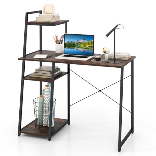 MAT EXPERT Computer Desk with Ladder Shaped Shelves, Compact Home Office Desk w/Monitor Stand & Adjustable Foot Pads, Modern Writing Study Desk PC Laptop Workstation for Home Office (Rustic Brown) - color: Rustic Brown