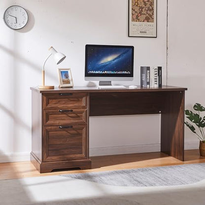 60" Professional Office Desk with Charging Station,Business Desk with 2 Drawers &1 File Cabinet,Farmhouse Executive Desk for Office and Home (Dark Walnut) - color: Dark Walnut