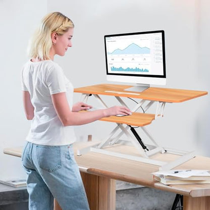 Standing Desk Converter 37 Inch – Height Adjustable Desk Riser with GasSpring Lift, Duals Screen Converter and Laptop Workstation, Sit Stand Ergonomic Riser with Wide Keyboard Tray for Offices (Wood) - color: Natural Wood
