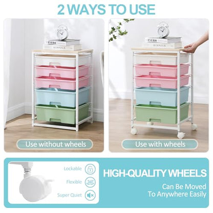 SYKIARIOL Utility Cart with 5 Drawers with Wooden Top, Rainbow - color: Rainbow