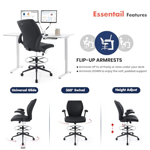 Ergonomic Adjustable Drafting Chair Extra Tall Office Stool for Standing Desk, Mid Back Faux Leather Counter Height Comfortable Bar High Roll Tilt Computer Chair with Flip Up Arms and Foot Ring, Black