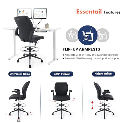 Ergonomic Adjustable Drafting Chair Extra Tall Office Stool for Standing Desk, Mid Back Faux Leather Counter Height Comfortable Bar High Roll Tilt Computer Chair with Flip Up Arms and Foot Ring, Black