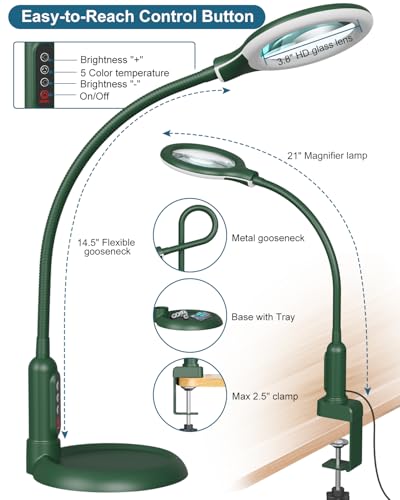 12X Magnifying Glass with Light and Stand, Real Glass, LED 5 Color Modes, Brightness Stepless Dimming Lighted Magnifier Hands Free, Flexible Gooseneck Desk Lamp with Clamp for Close Work, Craft, Green - color: Green