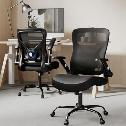 ralex-chair Ergonomic Office Desk Chair with Adjustable Lumbar Support | 3D Flip-up Armrest, 350lbs Capacity, Breathable Mesh Back,PU Leather Seat, for Office,Home,Computer, Black - color: Black