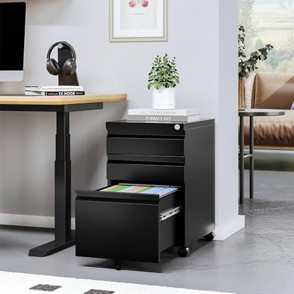 STANI 25" H 3 Drawer Mobile File Cabinet with Lock, Under Desk Metal Filing Cabinet, Locking Office Mobile Cabinet with Wheels, Letters/Legal/A4(Assembly Required Black) - color: Black, size: 3 Drawers-Assembly Required