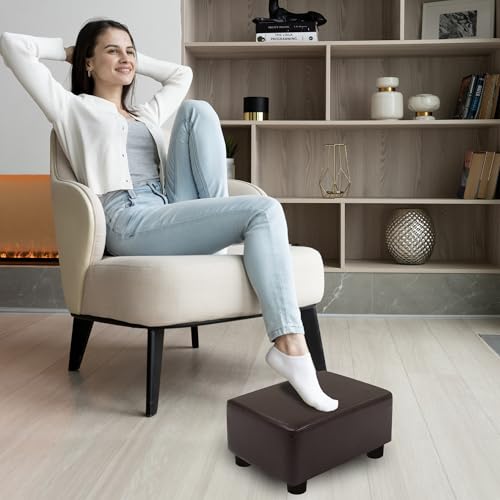 CAROLMADE Small Foot Stool Ottoman Footstool with Legs Under Desk Footrest for Living Room Bedroom and Office, Dark Brown - color: Pu Brown, size: 11"d X 15.4"w X 8.3"h